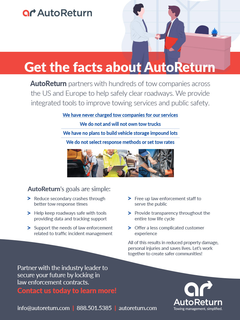 AutoReturn partners with hundreds of tow companies across the US and Europe to help safely clear roadways. We provide integrataed tools to improve towing services and public safety. autoreturn.com